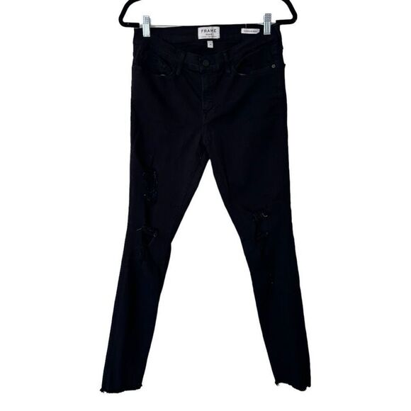 Frame Denim Black Distressed Frayed Hem Le Skinny de Jeanne Dark Wash Size 30 - Picture 1 of 16